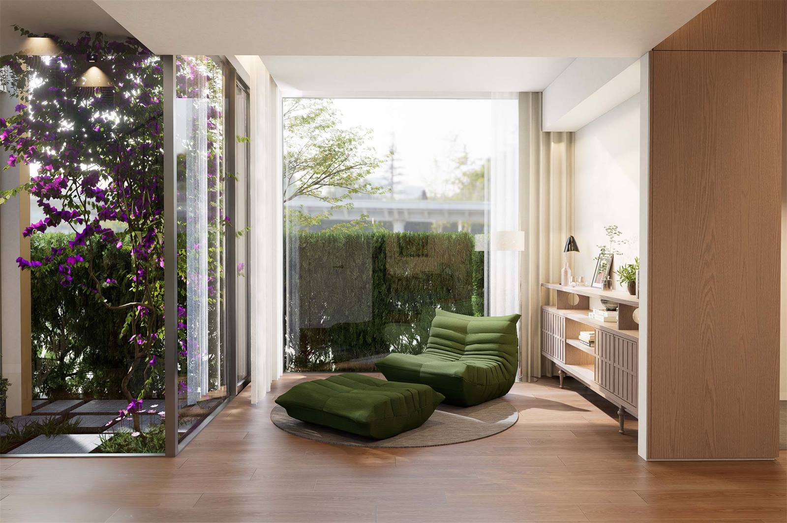 Phòng khách mở ra giếng trời xanh trong Park Home