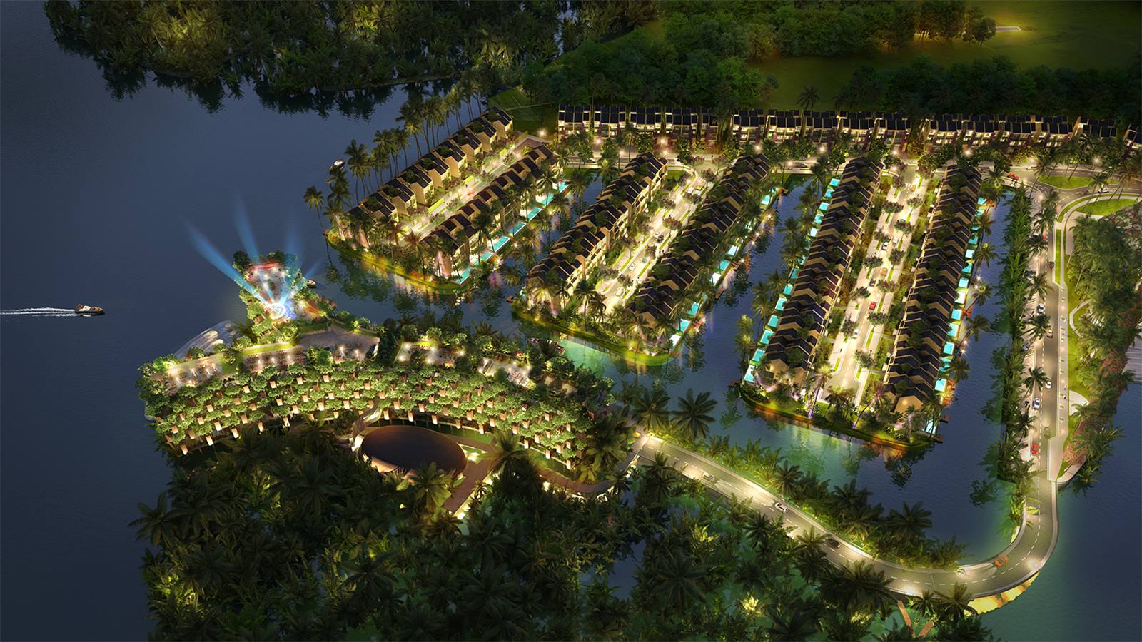 Phân khu La Riva về đêm với các dãy Waterside Villa ven kênh