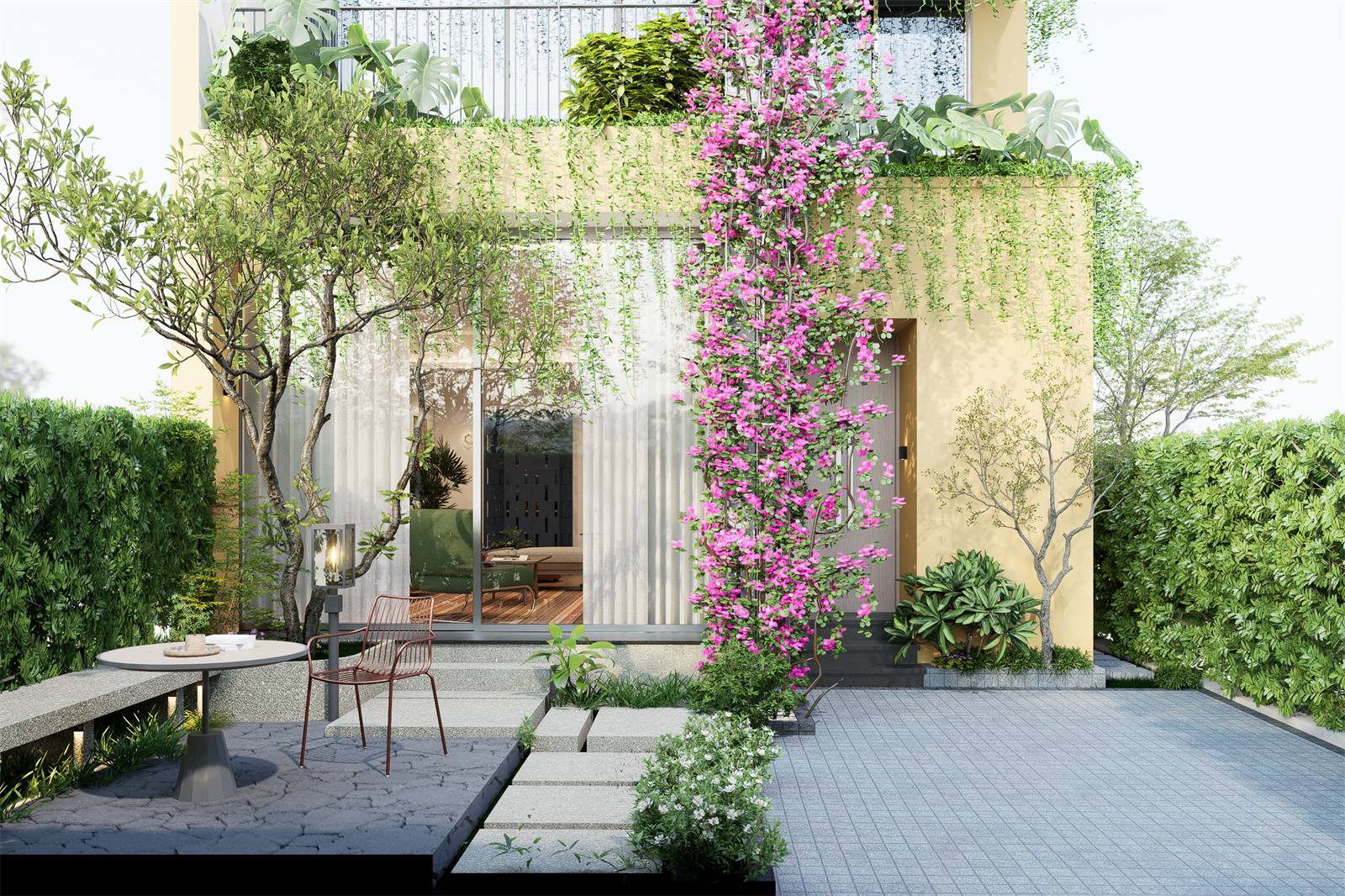 Sân vườn riêng phủ hoa giấy của nhà vườn Park Home Casamia Balanca