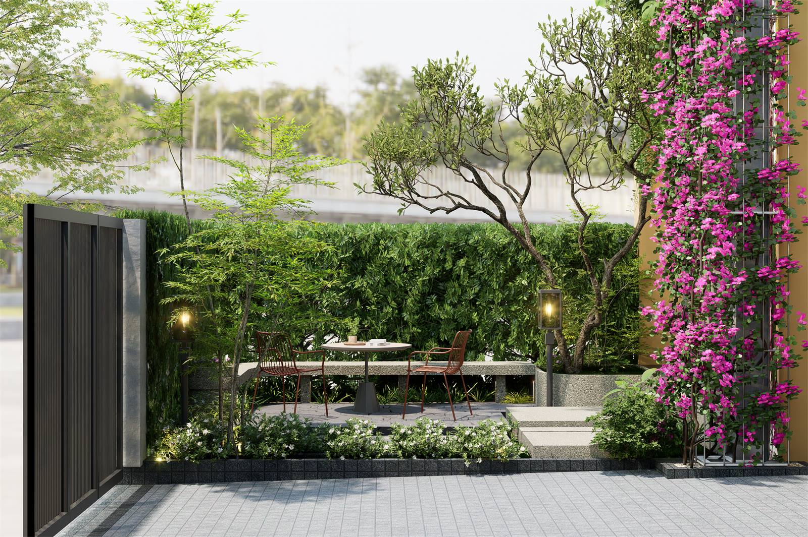 Sân vườn trước nhà Park Home với hoa giấy