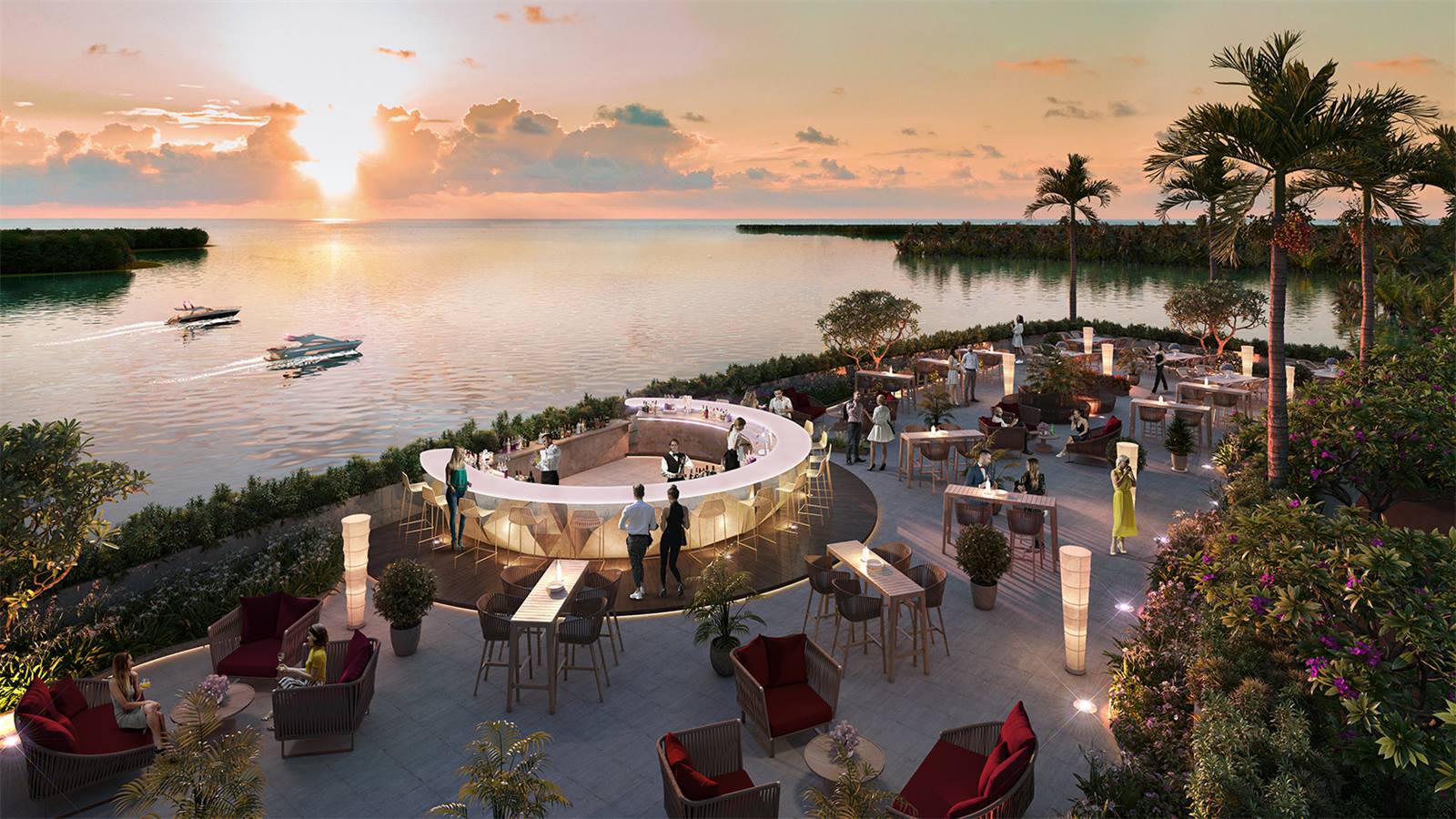 Sky bar Casamia Balanca nhìn ra vịnh Cửa Đại lúc hoàng hôn