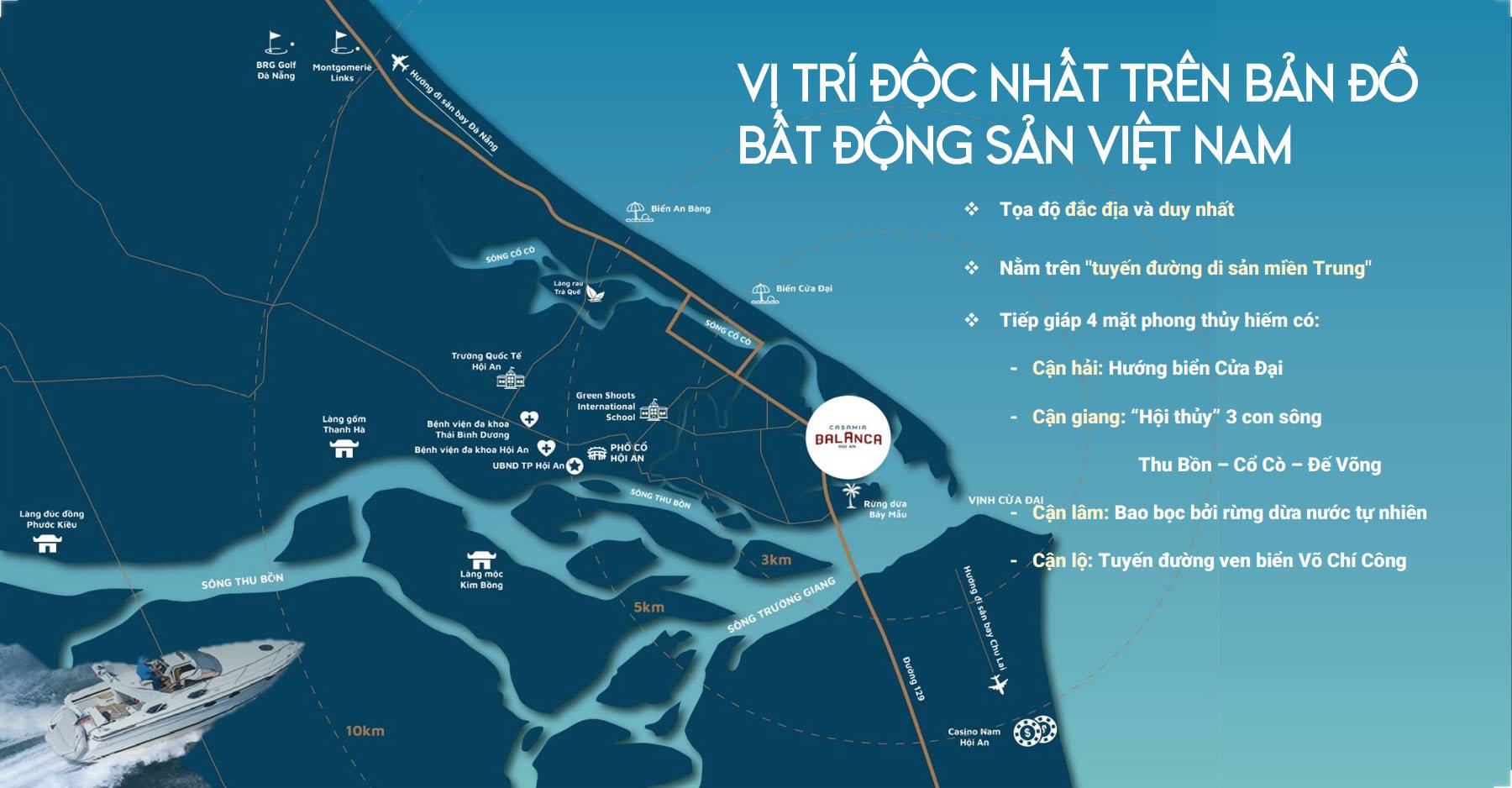 Bản đồ vị trí dự án Casamia Balanca Hội An gần phố cổ, biển Cửa Đại, rừng dừa Bảy Mẫu